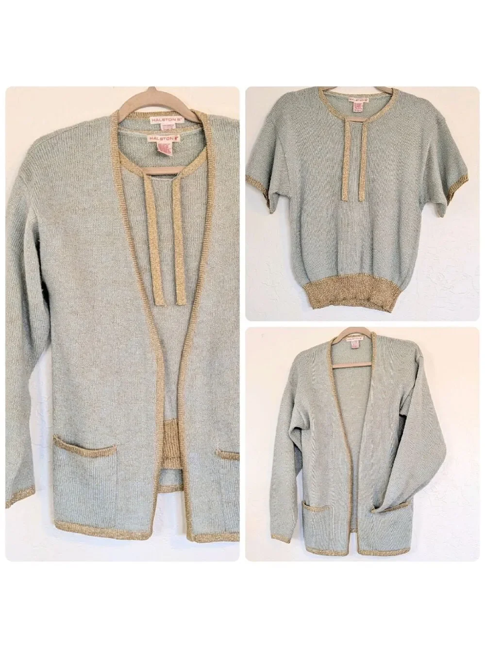 VTG Cardigan Short Sleeve Sweater Set Light Mint Green Gold Trim 80s Grandmacore